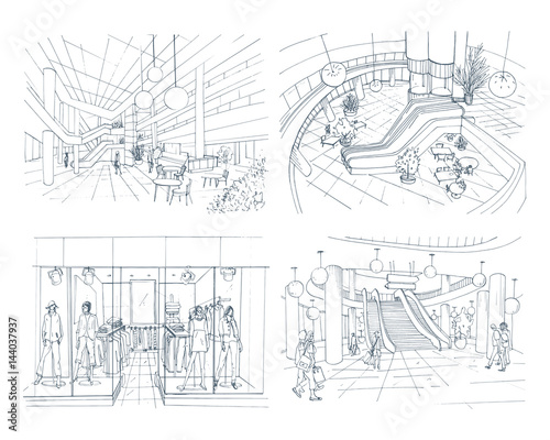 Set of modern interior shopping center. Collection various space ... Set of modern interior shopping center. Collection various space ...
