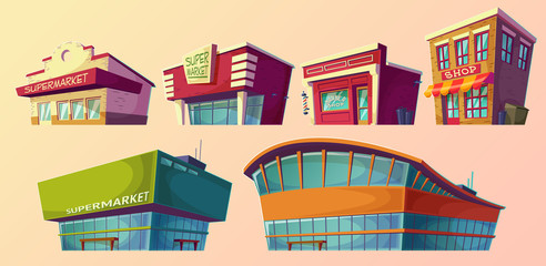 Set of vector cartoon illustrations, icons retro and modern supermarket, barber shop