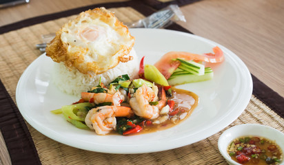 Kung Pad Cha is Favorite Thai Fried herbal vegetables with Shrimp fish squid and seafood