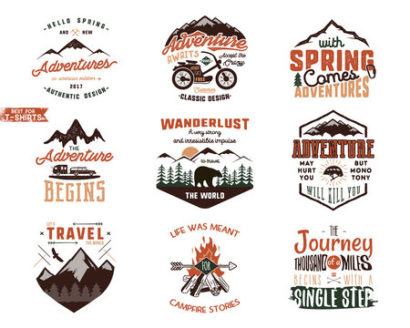 Set of Vintage adventure tee shirts designs. Hand drawn travel labels. Mountain explorer, wanderlust, expedition emblems, quotes in retro colors style.Isolated on white background. Vector illustration