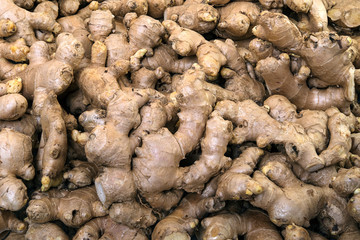 Ginger roots close up display in the fresh vegetable market
