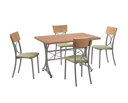 Dining table and four chairs isolated on white background with clipping mask.
