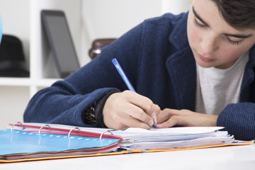 child writing in the book at school