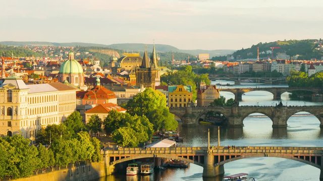 Zoom out timelapse of evening Prague in summer
