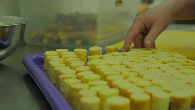Catering company preparing large numbers of food. chef cooking, working and preparing  food  in restaurant kitchen. Slow motion