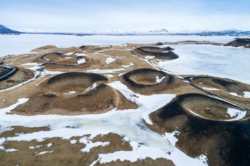 Aerial view of pseudocraters near the frozen lake Myvatn - northern Iceland