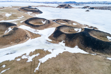 Aerial view of pseudocraters near the frozen lake Myvatn - northern Iceland