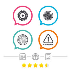 Wood and saw circular wheel icons. Attention.