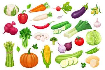 Vector vegetables icons set in cartoon style.