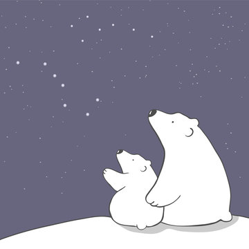 Cute Cartoon Polar Bear Mom And Baby Watching Stars. Animal Family. Children's Illustration Or Design For New Year  Or Mother's Day Card 