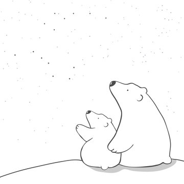 cute cartoon polar bear mom and baby watching stars. animal family. children's illustration or design for new year  or mother's day card 