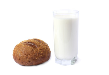 Glass of fresh milk with bread isolated on white background