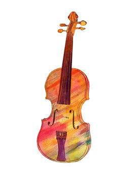 Watercolour and ink drawing of colorful violin, isolated