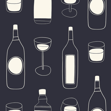 Alcohol drinks seamless pattern. Doodle drinks menu vector background made of bottles and glasses 