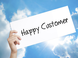 Happy Customer Sign on white paper. Man Hand Holding Paper with text. Isolated on sky background