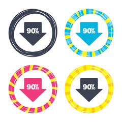 90 percent sale arrow tag sign icon.