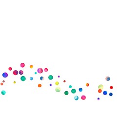 Sparse watercolor confetti on white background. Rainbow colored watercolor confetti bottom wave. Colorful hand painted illustration.