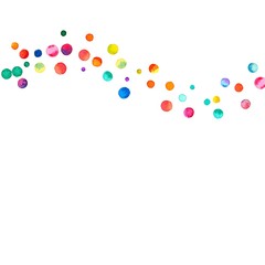 Sparse watercolor confetti on white background. Rainbow colored watercolor confetti top wave. Colorful hand painted illustration.