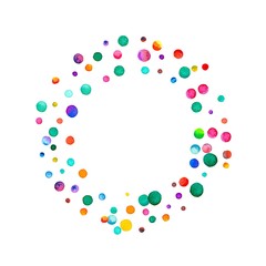 Sparse watercolor confetti on white background. Rainbow colored watercolor confetti bagel frame. Colorful hand painted illustration.