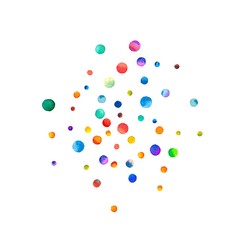 Sparse watercolor confetti on white background. Rainbow colored watercolor confetti sphere. Colorful hand painted illustration.