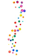 Sparse watercolor confetti on white background. Rainbow colored watercolor confetti left wave. Colorful hand painted illustration.