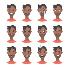 Set of male emoji characters. Cartoon style emotion icons. Isolated black boys avatars with different facial expressions. Flat illustration mens emotional faces. Hand drawn vector