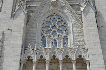 Heart of Jesus church in Barcelona, facade stone tracery details.