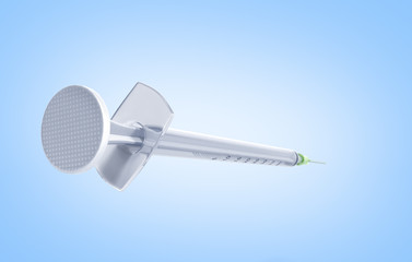 single-use syringe 3d render on blue background