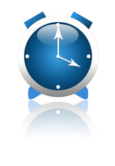 Beautiful stylized blue alarm clock, with reflection on white background.