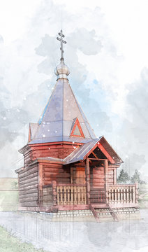 Architectural sketch wooden chapel Florus and Laurus over the source. Vatutine village, Udomlya District, Tver region, Russia