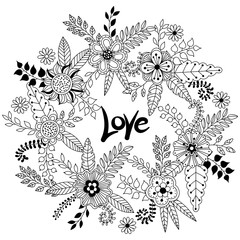 Wreath vector illustration made of flowers and herbs. Vector decorative circle frame. Spring elements. Floral doodles wreath. Invitation or greeting card design.