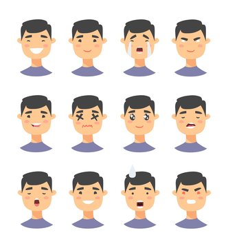 Set of male emoji characters. Cartoon style emotion icons. Isolated boys avatars with different facial expressions. Flat illustration mens emotional faces. Hand drawn vector