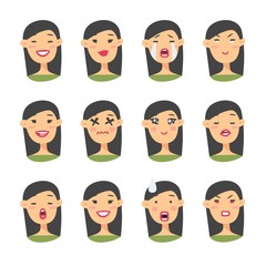 Set of asian emoji character. Cartoon style emotion icons. Isolated girl avatars with different facial expressions. Flat illustration womens emotional faces. Hand drawn vector drawing emoticon