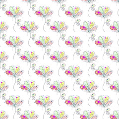 Fototapeta na wymiar Vector seamless floral pattern Hand drawn outline decorative endless background with cute drawn flowers, decorative elements Graphic illustration. Line drawing. Print for wrapping, background, decor