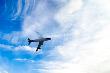 The plane flies in the sky against the background of clouds