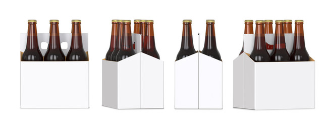 Six brown beer bottles in white corton pack. Four Different views 3D render, isolated on white background