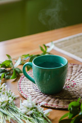 Black tea with lemon in green mug with snowdrops and spring plants background