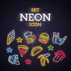 Set neon icon. Neon sign, bright signboard, light banner. 