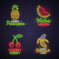 Set neon sign. bright signboard, light banner. Neon logo, emblem. Fruit neon