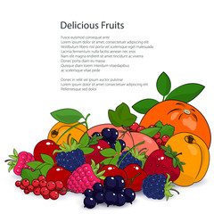 Juicy Summer Fruits and Berries Isolated on a White Background and the Text, Fresh Eco and Healthy Food Concept, Poster Brochure Flyer Design, Vector Illustration