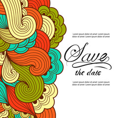 Abstract vivid background with colorful ornament. Hand draw illustration. Sea waves or clouds motif banner. Greeting card, wedding invitation in vintage style