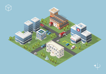 Set of Isolated High Quality Isometric City Elements on Blue Background