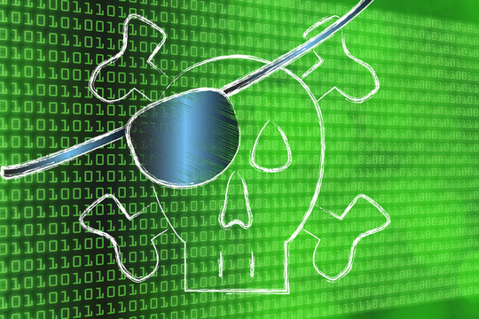 cyber pirate with eye patch on binary bokeh