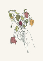 withered flowers in her hand, gone feeling concept. Hand drawn illustrations