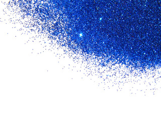 Blue glitter sparkles on white background. 