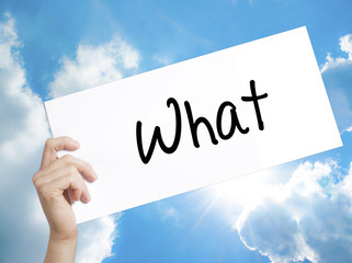 What Sign on white paper. Man Hand Holding Paper with text. Isolated on sky background