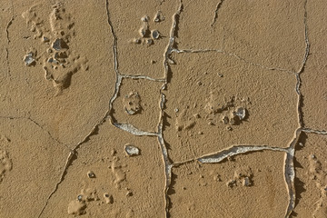 Brown cracked painting on grey concrete surface