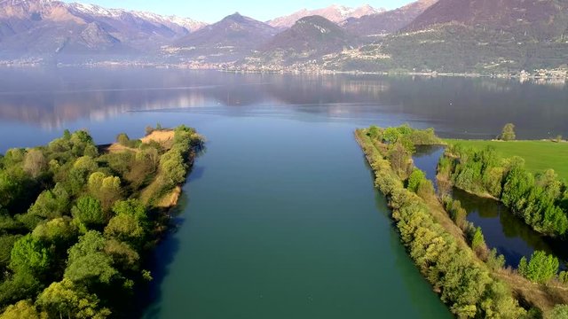 Aerial 4k - Trivio di Fuentes - Foce del fiume Adda nel Lago di Como (IT)