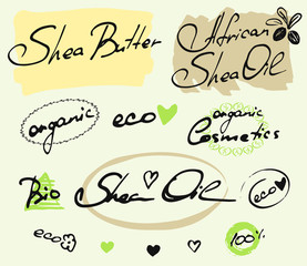 Set with hand drawn elements, words Shea Oil, eco, organic cosmetics, bio on white background