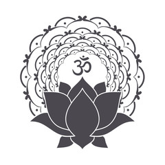 Om symbol with hand drawn mandala and Lotus. Set of oriental ornaments for greeting card, invitation, yoga poster, coloring book.